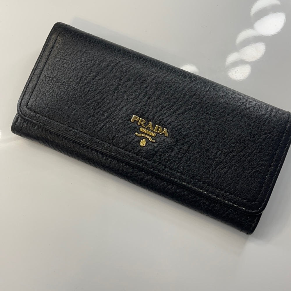 Prada Black Leather Continental Wallet with Gold Logo